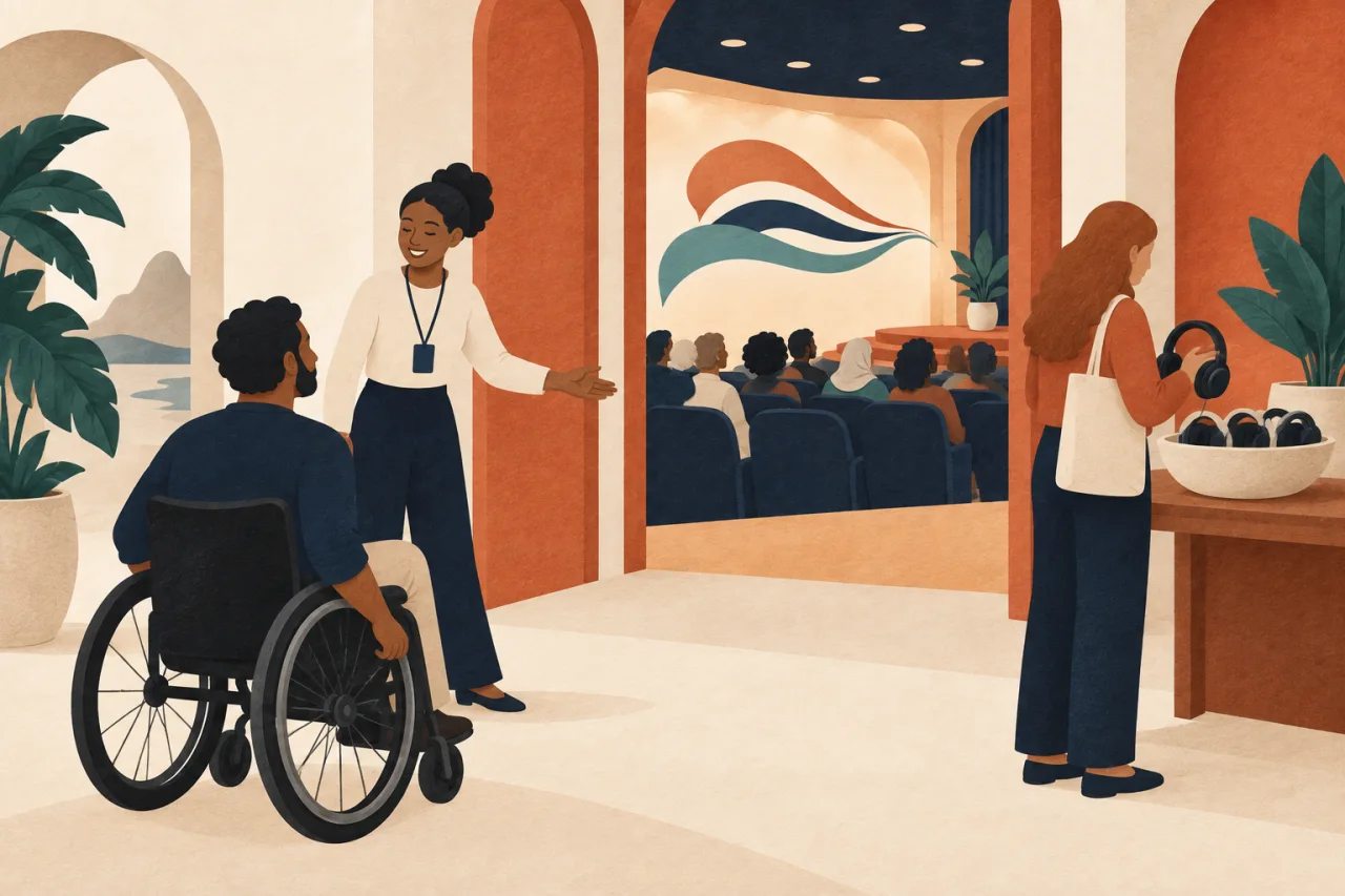 Ilustração 2D de profissional recebendo pessoa em cadeira de rodas na entrada de auditório enquanto outra visitante escolhe fones.