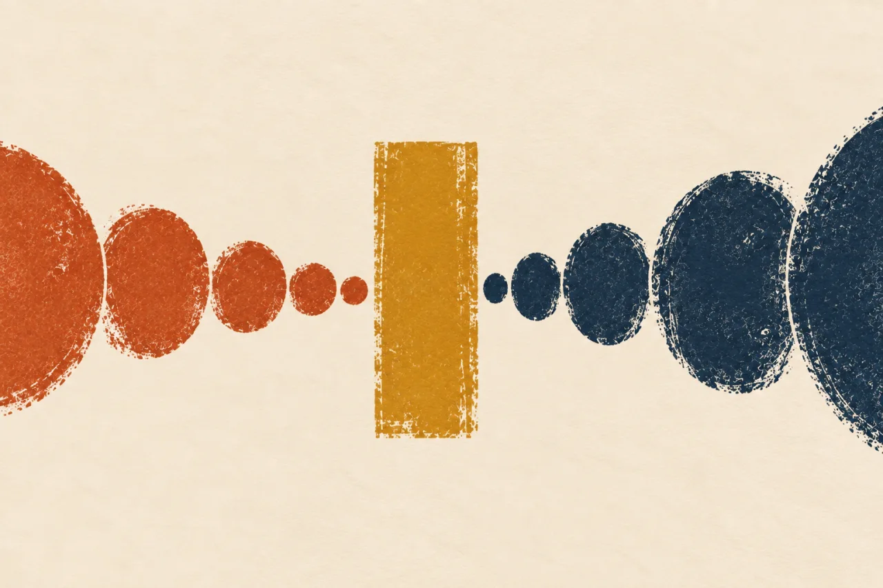 Círculos laranja diminuem à esquerda e círculos azul-escuros aumentam à direita, separados por uma barra ocre central.