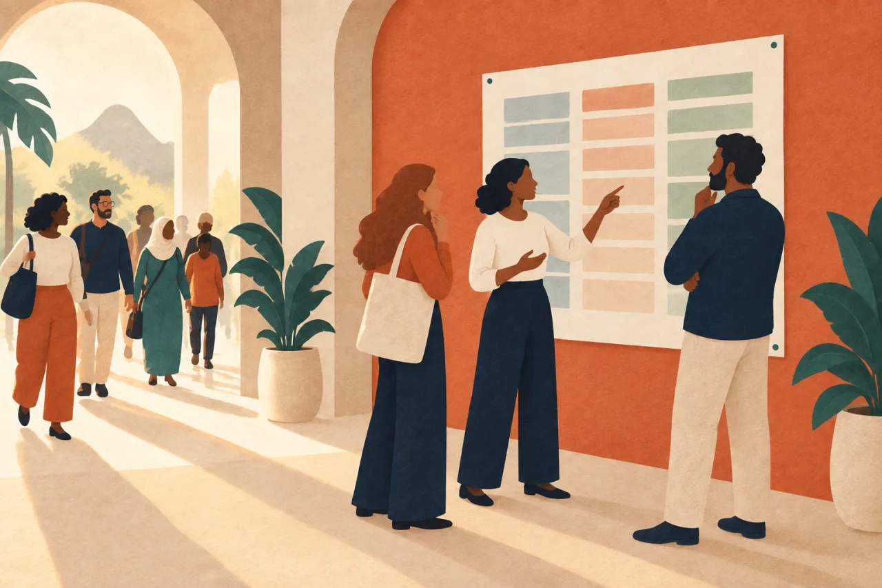 Ilustração 2D de três pessoas discutindo um quadro de faixas coloridas em corredor de evento.