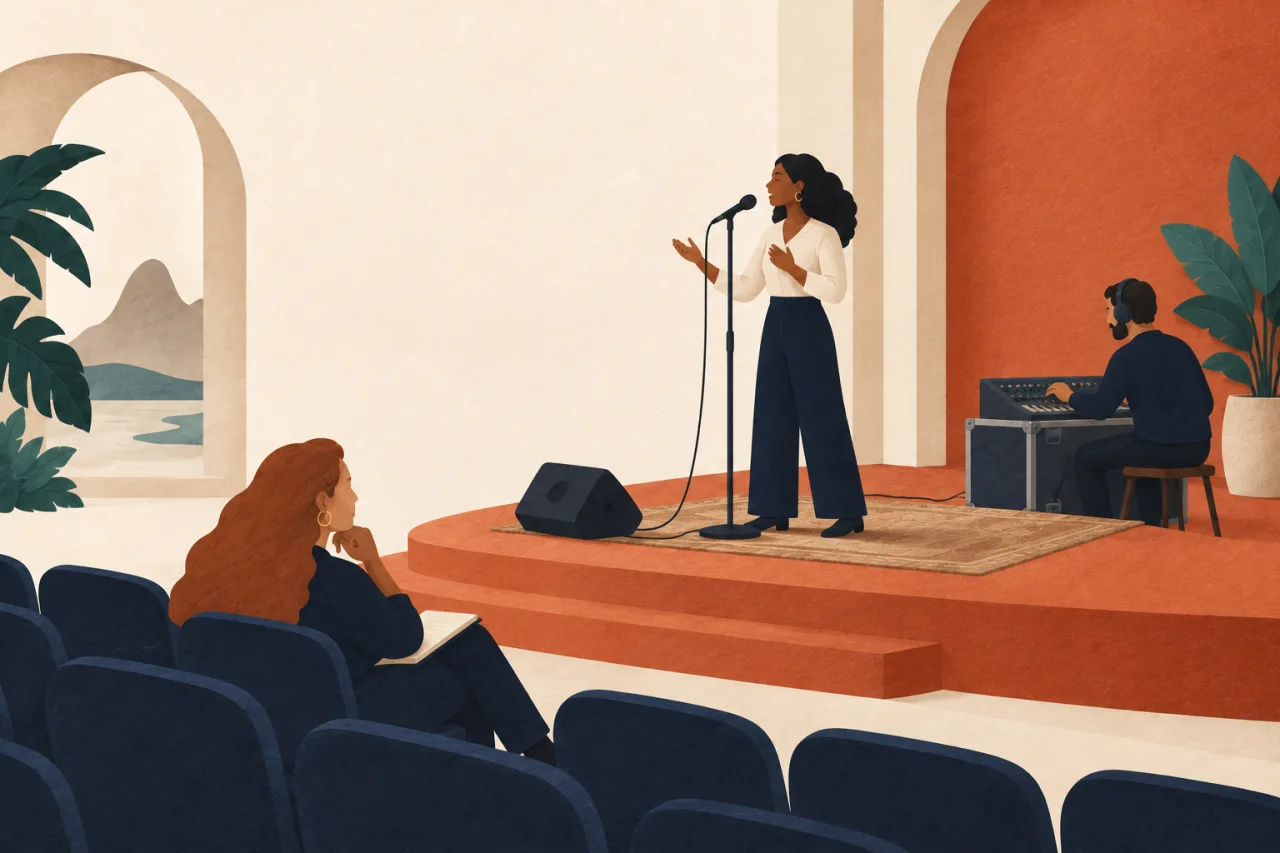 Ilustração 2D de palestrante ensaiando no palco enquanto técnica opera mesa de som.