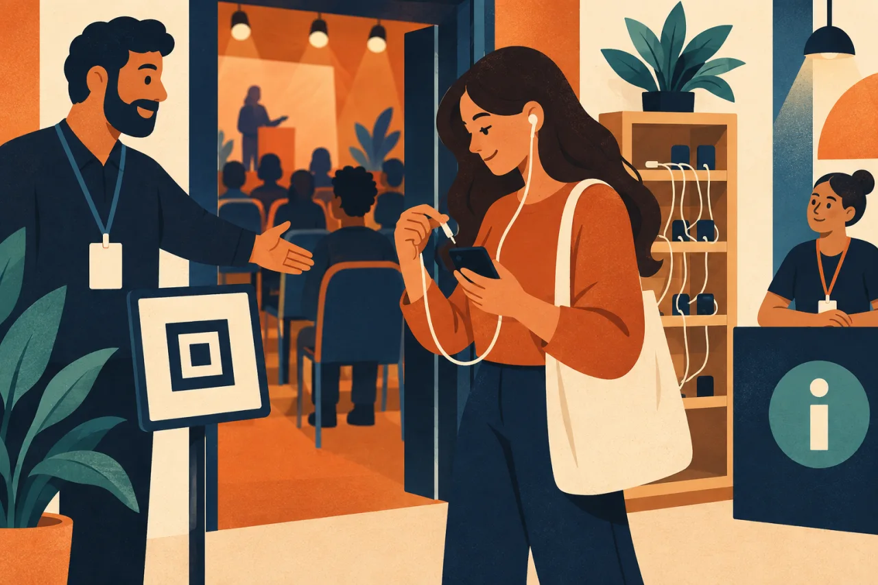 Ilustração 2D de uma participante usando fones e celular para acompanhar uma sessão traduzida.