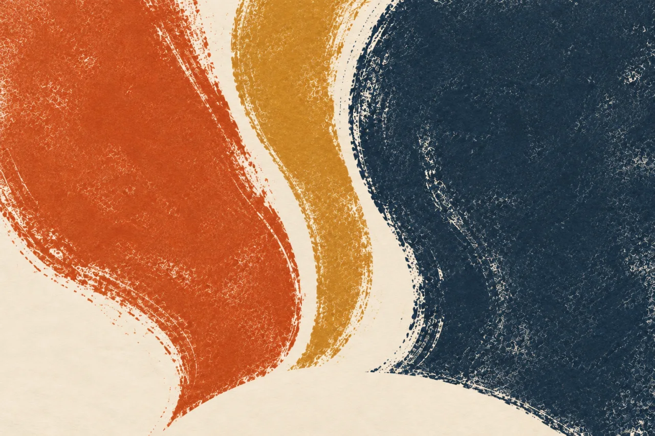 Grandes massas orgânicas laranja, ocre e azul-escuro se aproximam com canais claros entre elas em papel creme.