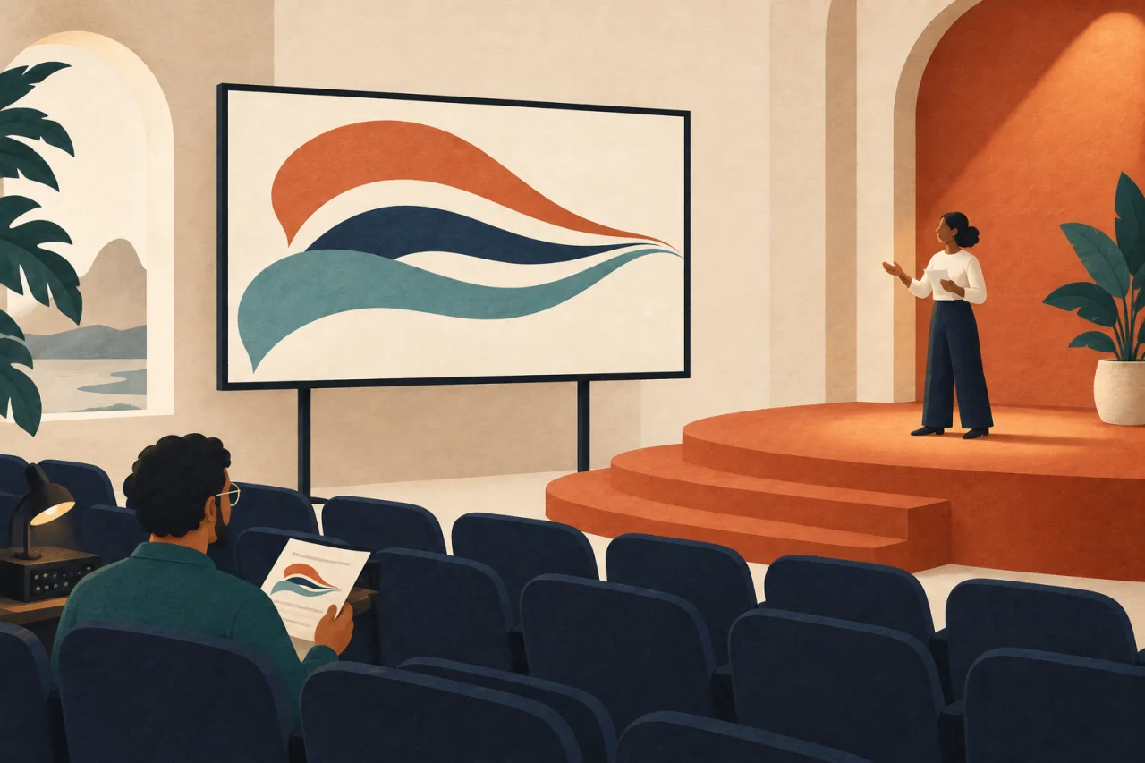 Ilustração 2D de uma pessoa na plateia lendo uma folha diante de telão com faixas coloridas e palestrante no palco.