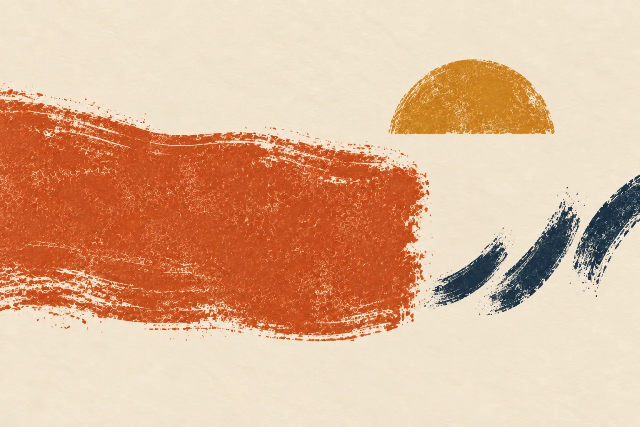 Uma faixa larga laranja encontra três curvas azul-escuras sob um semicírculo ocre em papel creme.