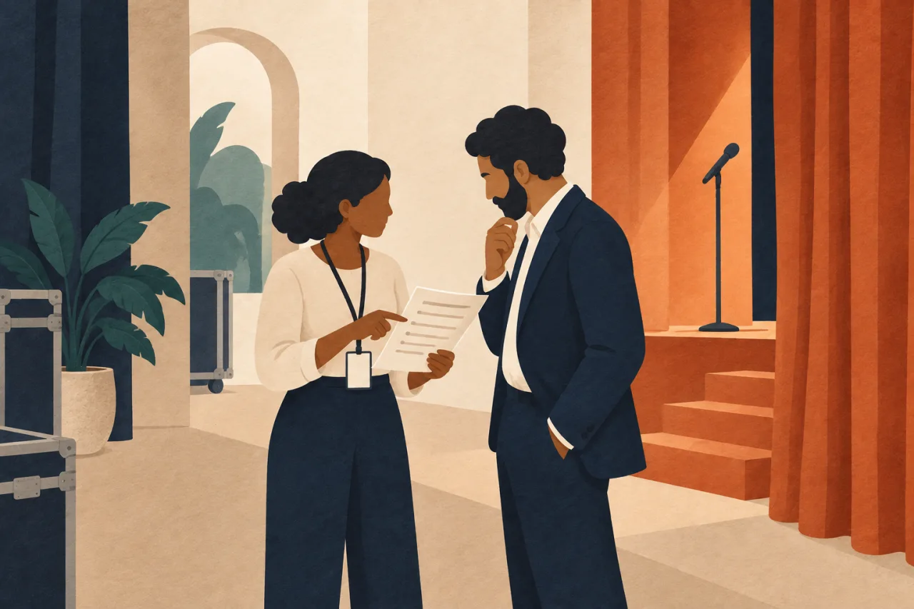 Ilustração 2D de coordenadora revisando uma folha com palestrante ao lado do palco.