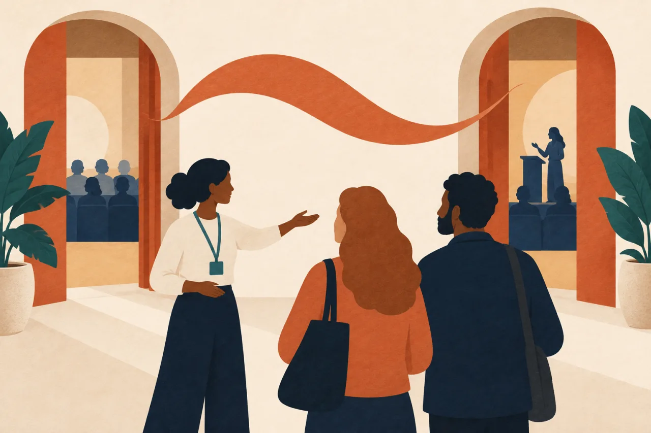 Ilustração 2D de coordenadora orientando duas pessoas entre duas salas de um evento.