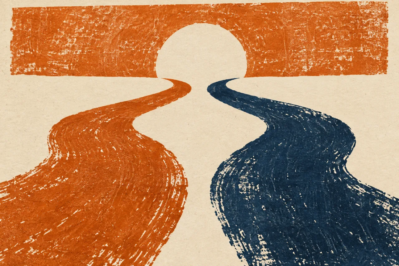 Dois caminhos de tinta se aproximam de um espaço aberto em uma gravura.
