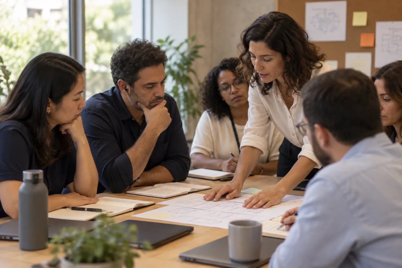 Equipe reunida em uma sala de treinamento corporativo.