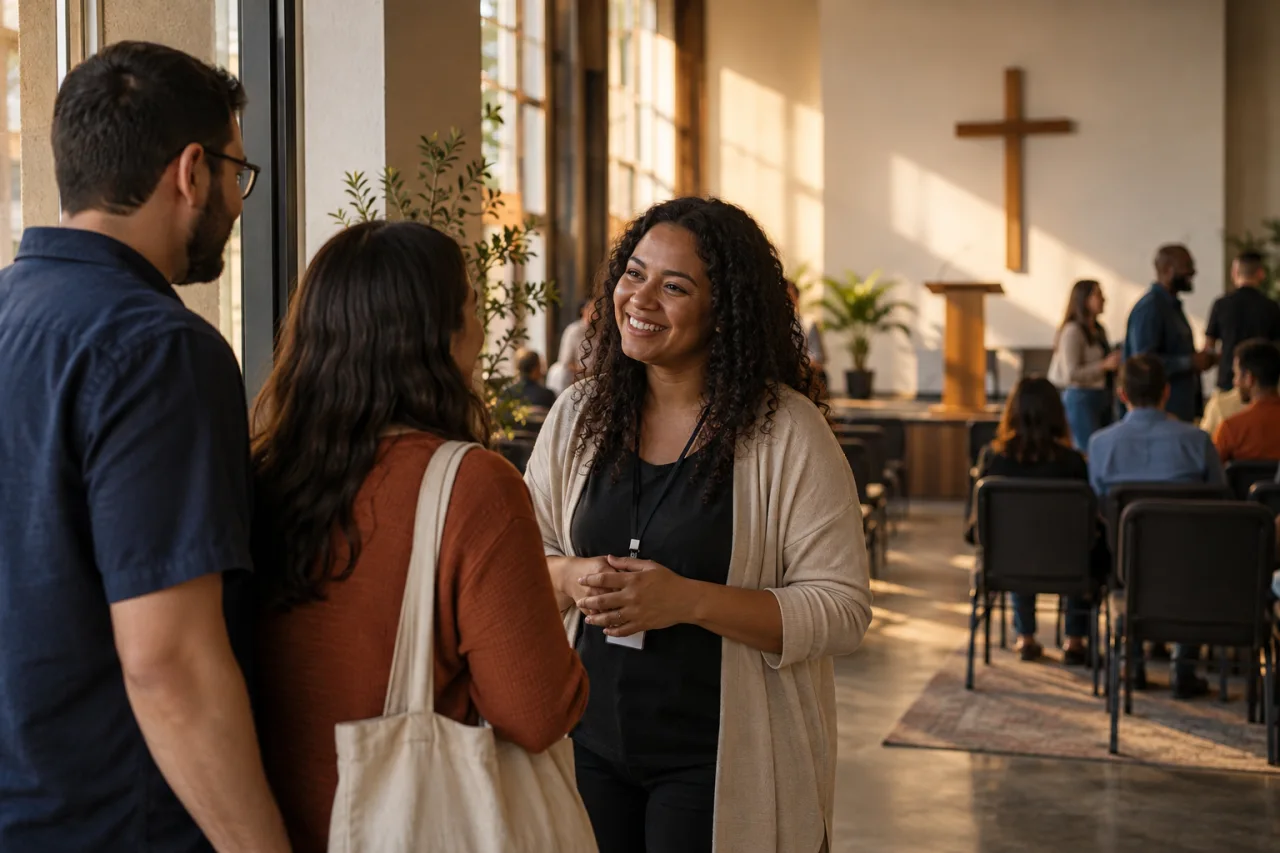 Voluntária acolhe visitantes na entrada de uma igreja iluminada pelo sol.