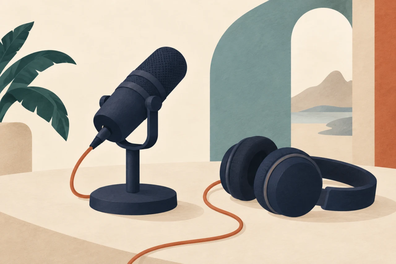 Microfone de mesa e fones de ouvido azuis em uma composição sobre fundo claro.