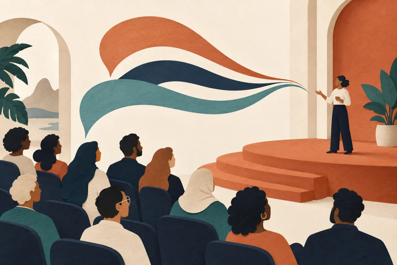 Ilustração de uma palestrante e plateia com faixas coloridas representando vozes.