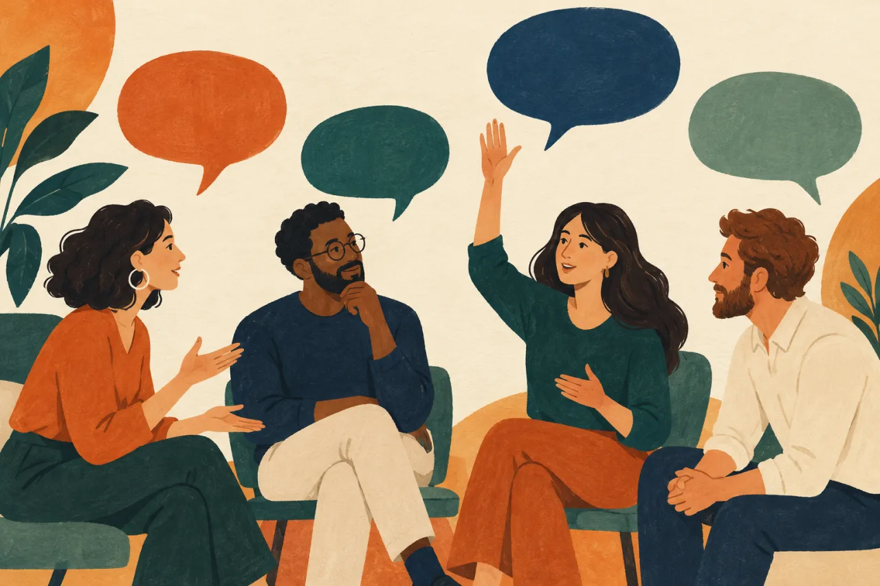 Grupo ilustrado conversa enquanto uma pessoa levanta a mão.
